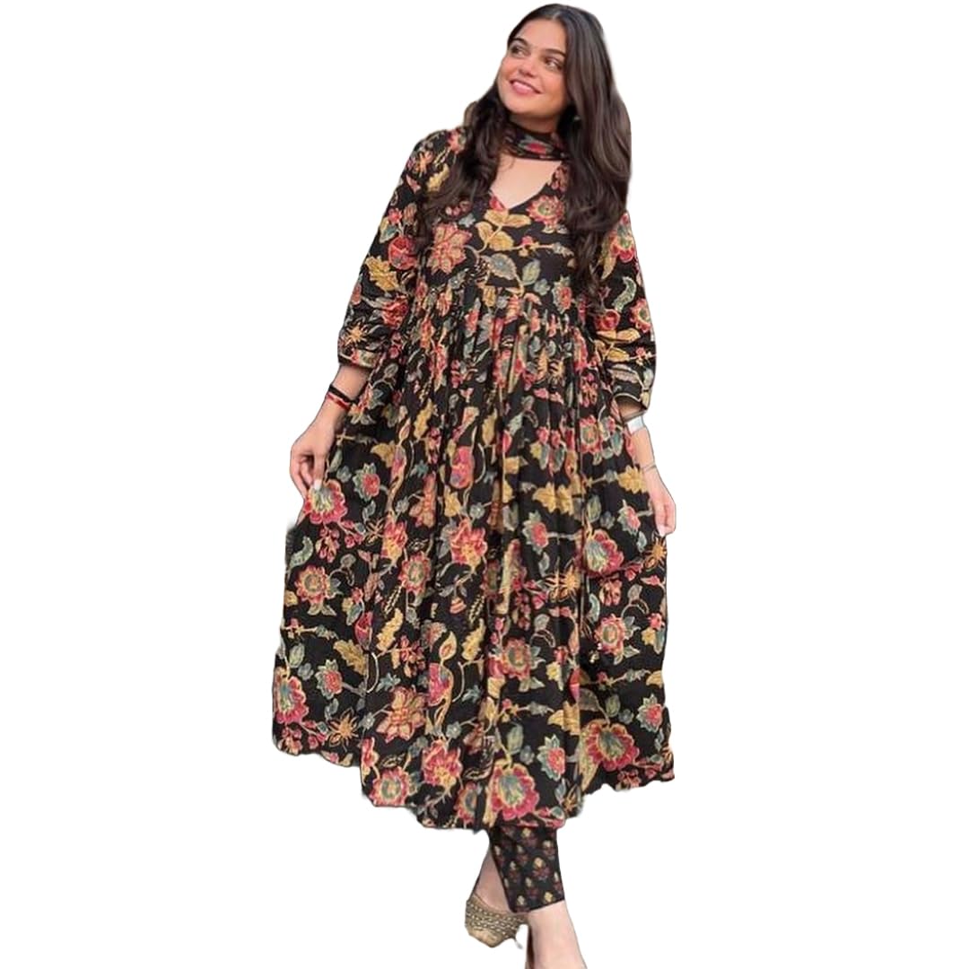 Rayon Viscose Anarkali Suit Set with Palazzo & Dupatta (CIA Yellow-GS_XL_Yellow_X-Large)