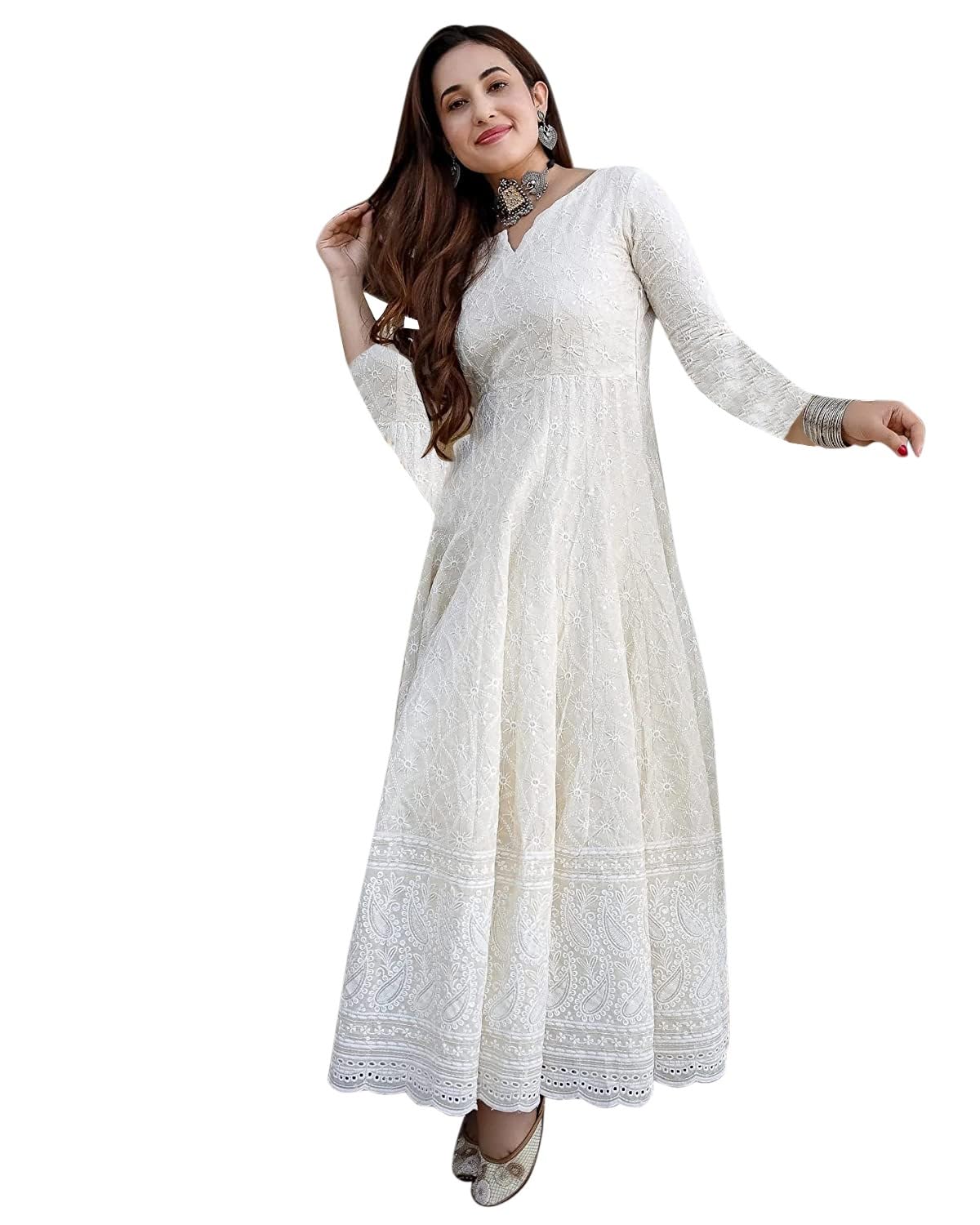 LookMark Classic White Chikankari Anarkali Gown for Women – Festive & Party Wear