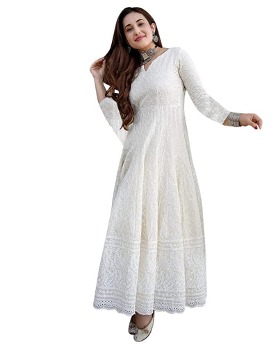 LookMark Classic White Chikankari Anarkali Gown for Women – Festive & Party Wear