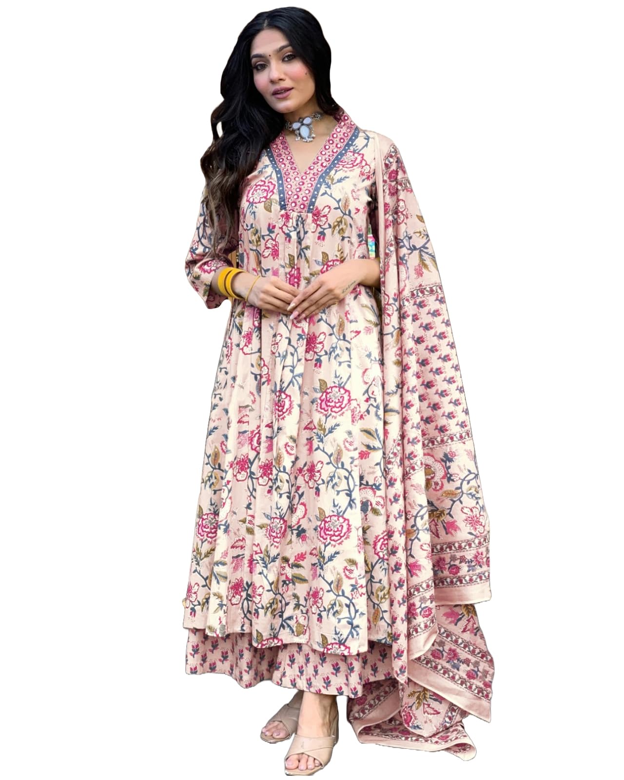 Rayon Viscose Anarkali Suit Set with Palazzo & Dupatta (CIA Yellow-GS_XL_Yellow_X-Large)
