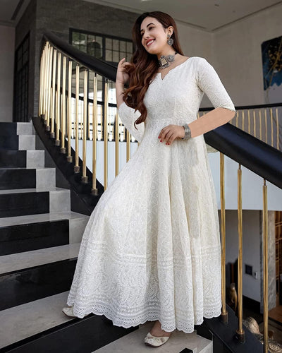 LookMark Classic White Chikankari Anarkali Gown for Women – Festive & Party Wear