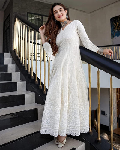 LookMark Classic White Chikankari Anarkali Gown for Women – Festive & Party Wear
