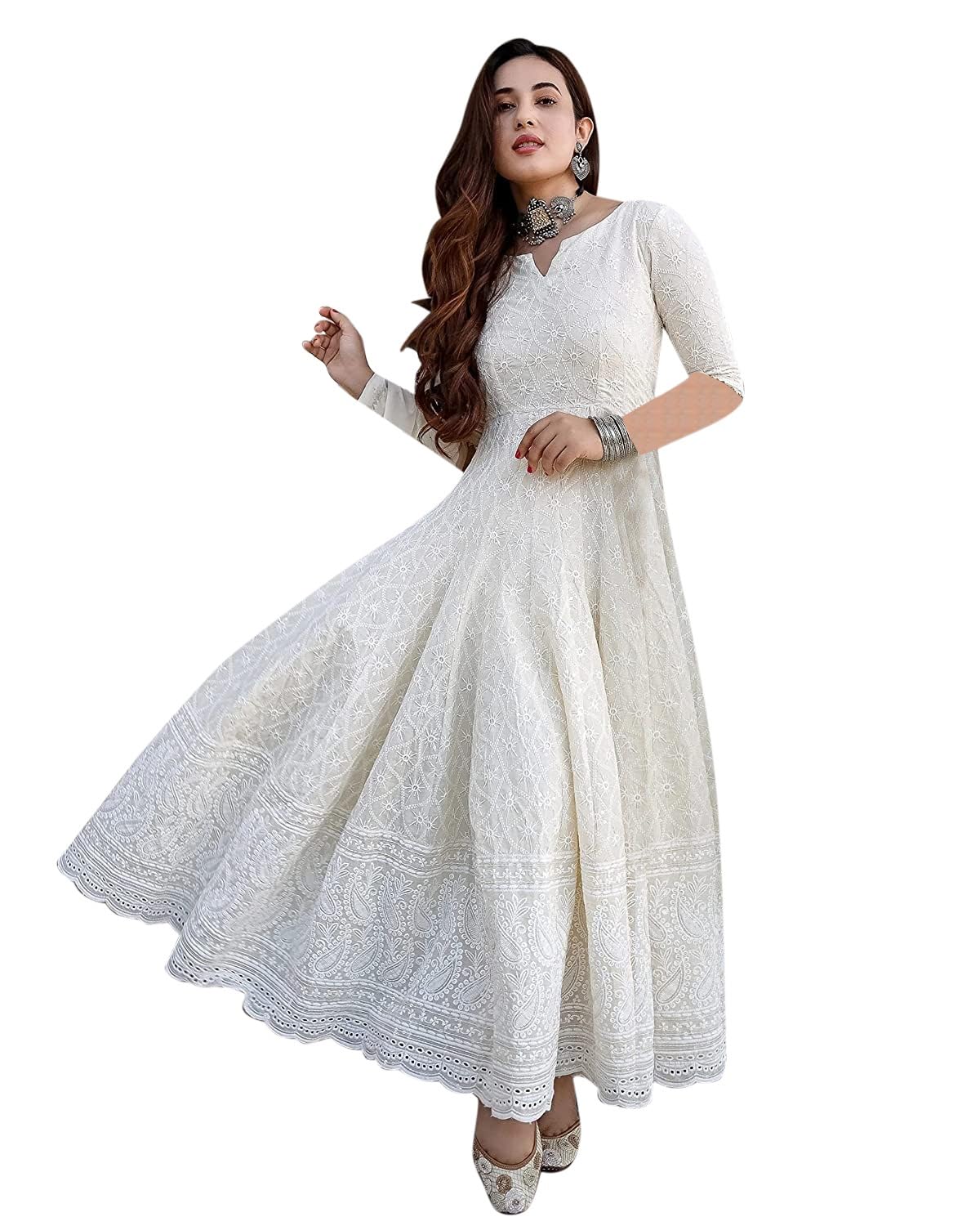 LookMark Classic White Chikankari Anarkali Gown for Women – Festive & Party Wear
