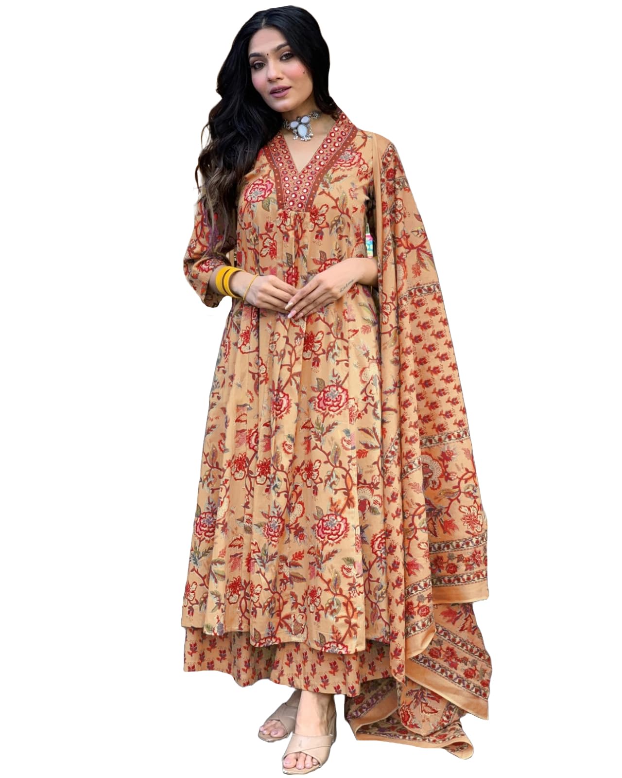 Rayon Viscose Anarkali Suit Set with Palazzo & Dupatta (CIA Yellow-GS_XL_Yellow_X-Large)