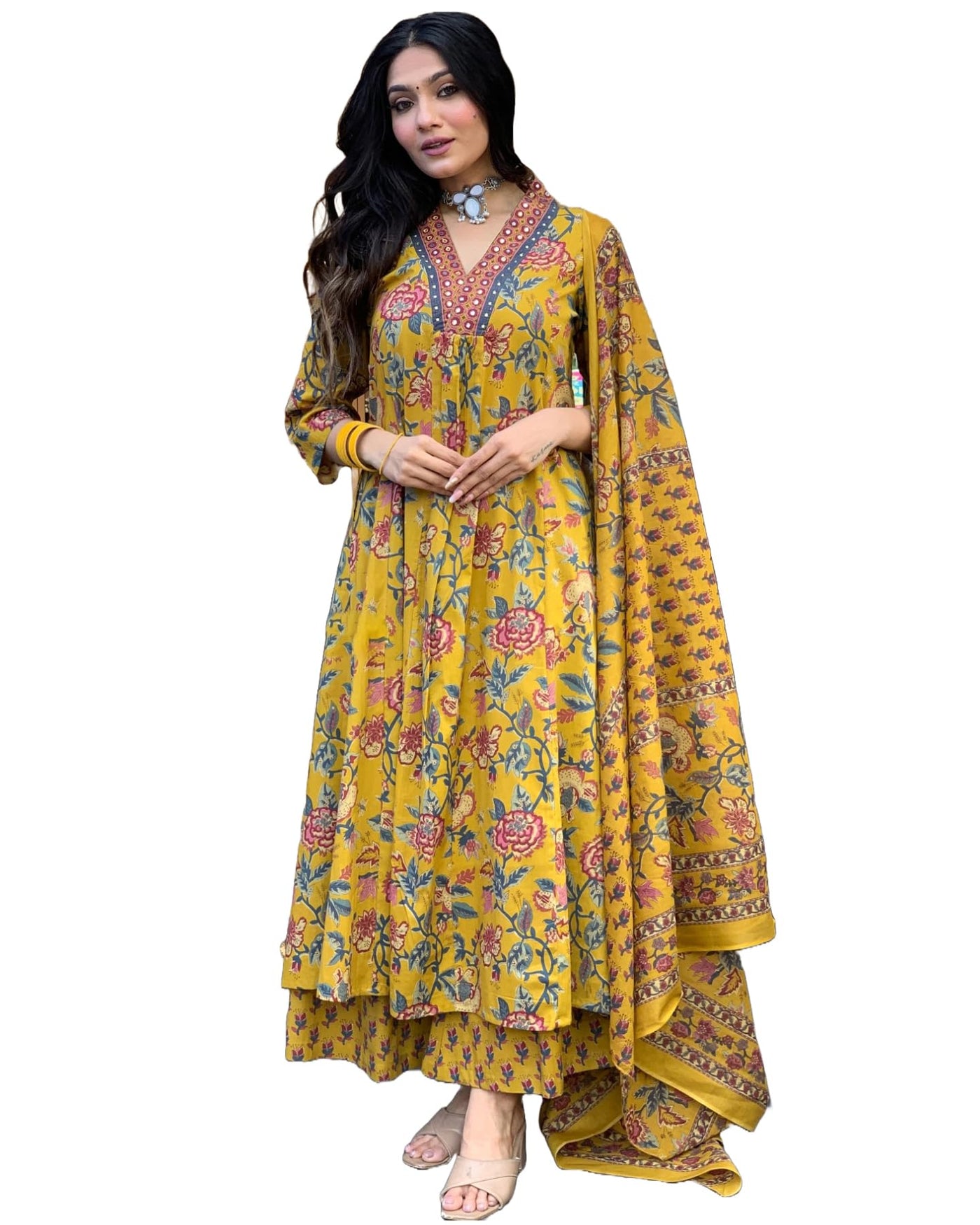 Rayon Viscose Anarkali Suit Set with Palazzo & Dupatta (CIA Yellow-GS_XL_Yellow_X-Large)