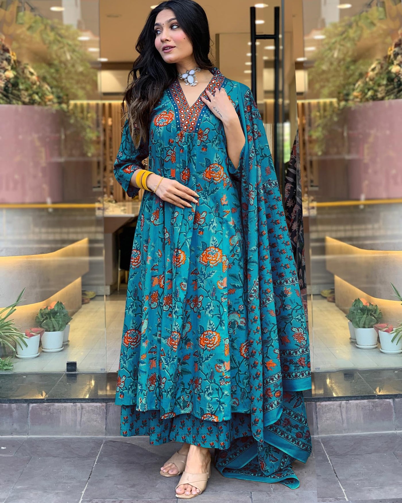 Rayon Viscose Anarkali Suit Set with Palazzo & Dupatta (CIA Yellow-GS_XL_Yellow_X-Large)