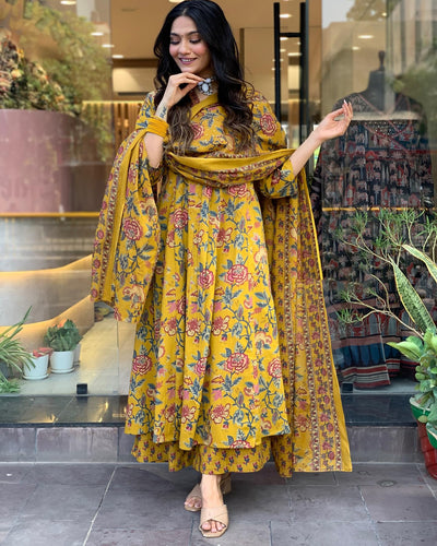 Rayon Viscose Anarkali Suit Set with Palazzo & Dupatta (CIA Yellow-GS_XL_Yellow_X-Large)