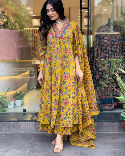 Rayon Viscose Anarkali Suit Set with Palazzo & Dupatta (CIA Yellow-GS_XL_Yellow_X-Large)