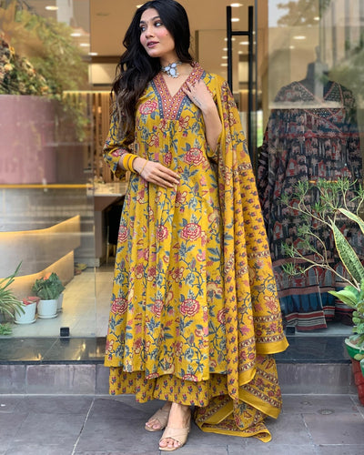 Rayon Viscose Anarkali Suit Set with Palazzo & Dupatta (CIA Yellow-GS_XL_Yellow_X-Large)