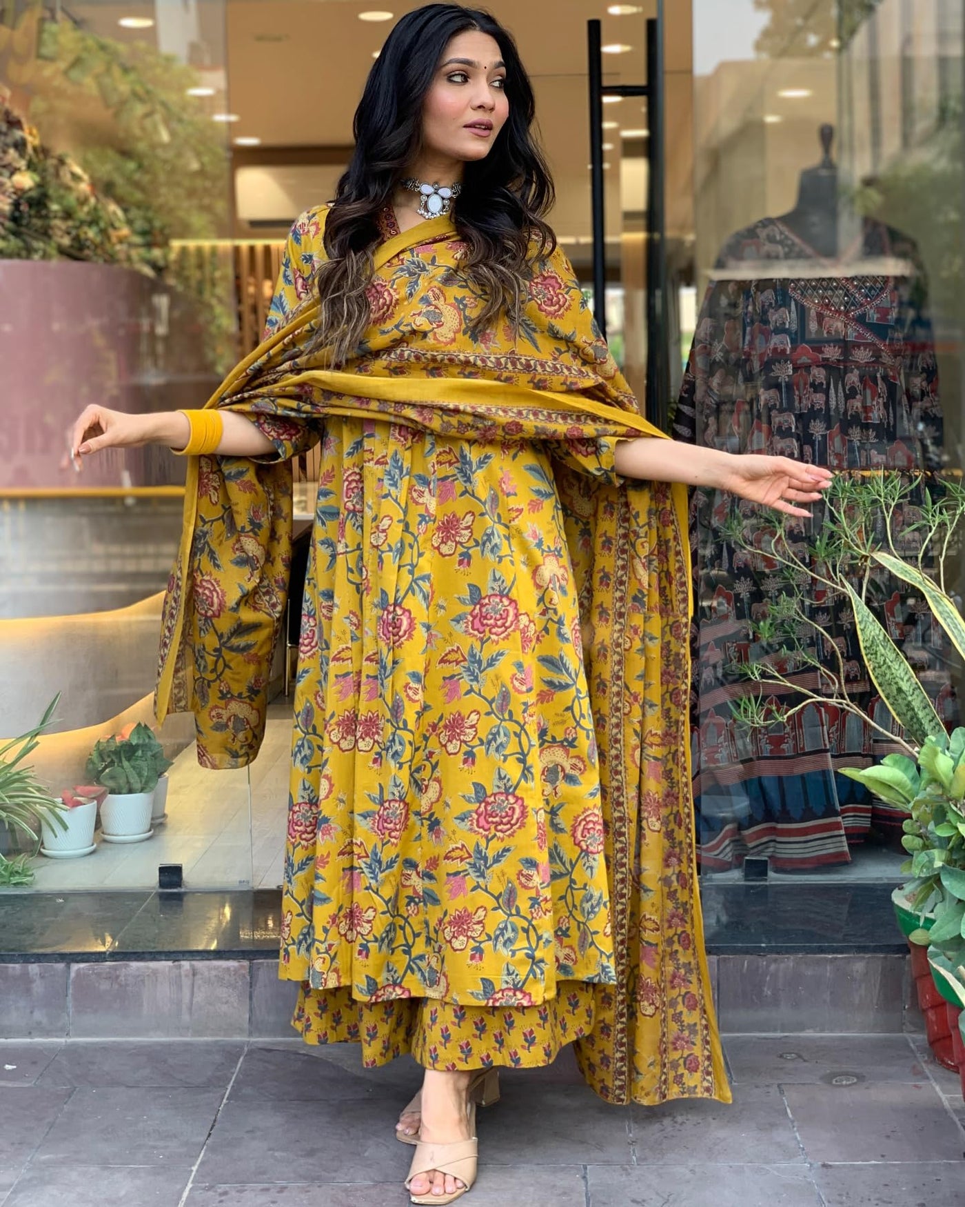 Rayon Viscose Anarkali Suit Set with Palazzo & Dupatta (CIA Yellow-GS_XL_Yellow_X-Large)
