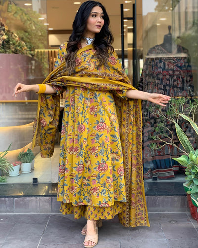 Rayon Viscose Anarkali Suit Set with Palazzo & Dupatta (CIA Yellow-GS_XL_Yellow_X-Large)