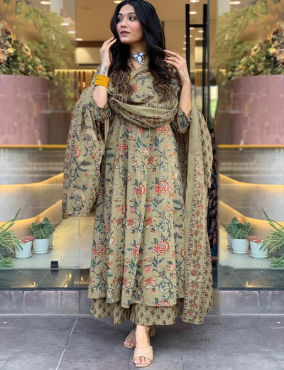 Rayon Viscose Anarkali Suit Set with Palazzo & Dupatta (CIA Yellow-GS_XL_Yellow_X-Large)