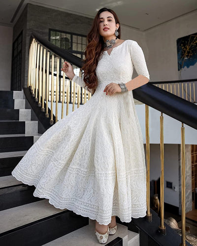 LookMark Classic White Chikankari Anarkali Gown for Women – Festive & Party Wear