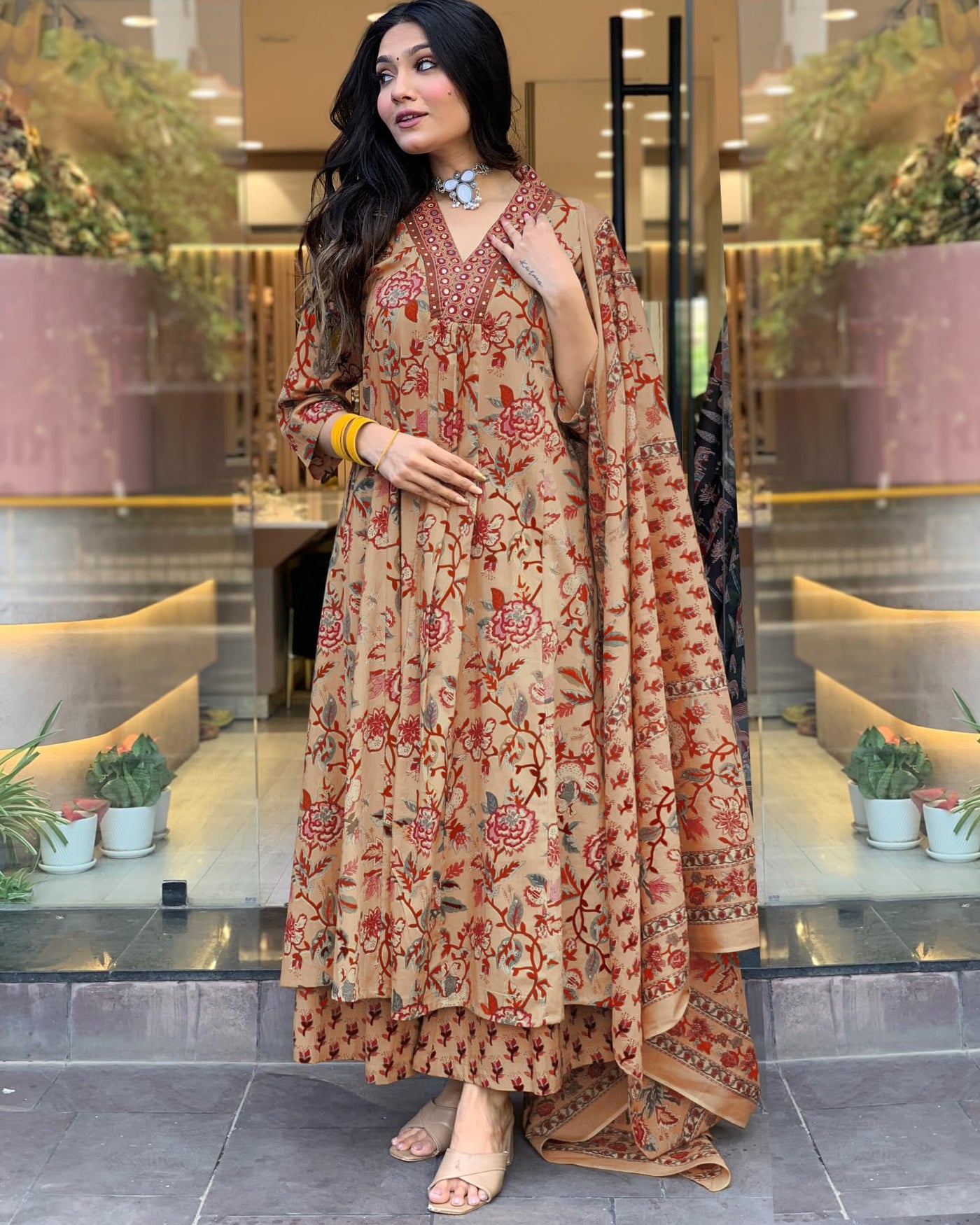 Rayon Viscose Anarkali Suit Set with Palazzo & Dupatta (CIA Yellow-GS_XL_Yellow_X-Large)