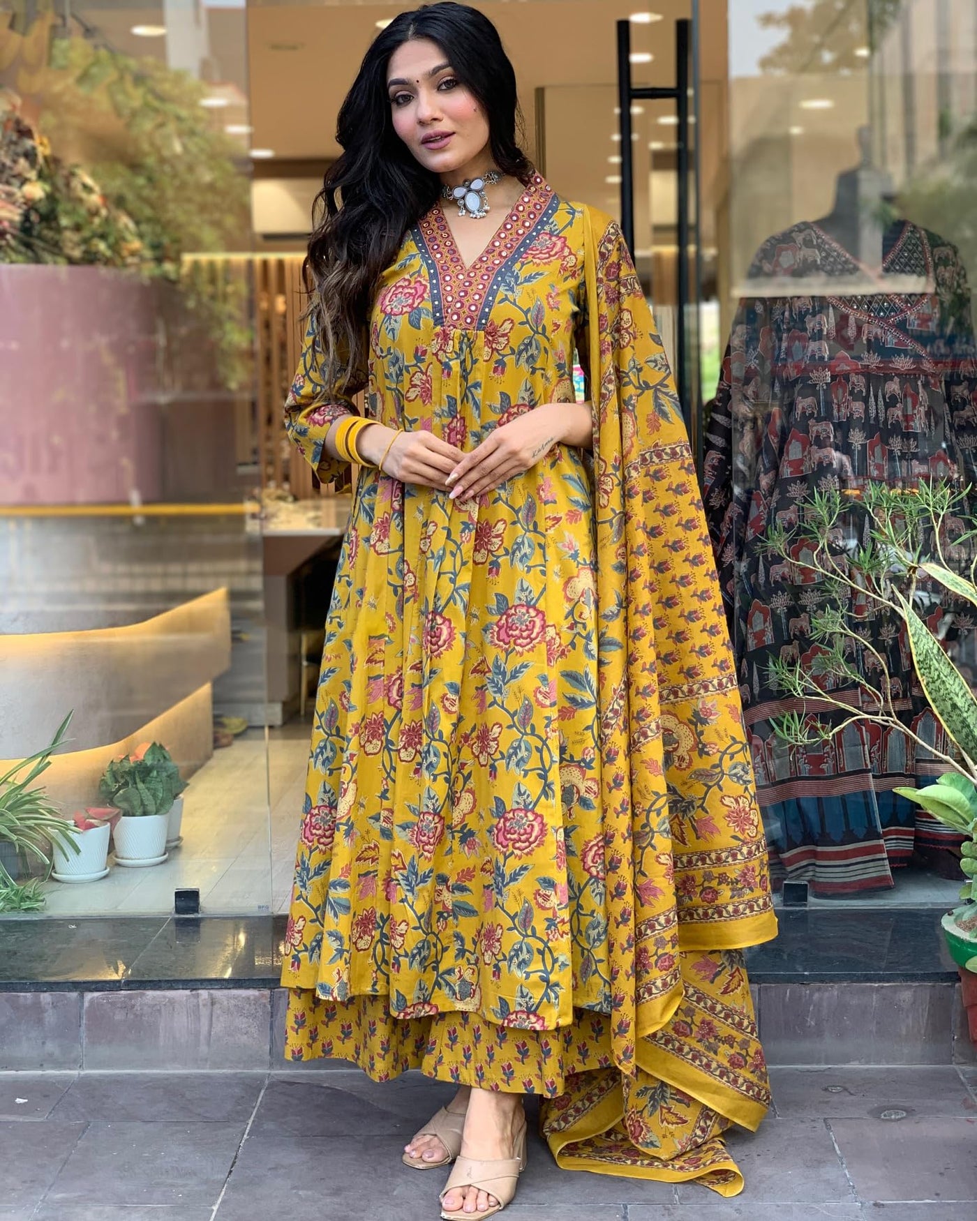 Rayon Viscose Anarkali Suit Set with Palazzo & Dupatta (CIA Yellow-GS_XL_Yellow_X-Large)