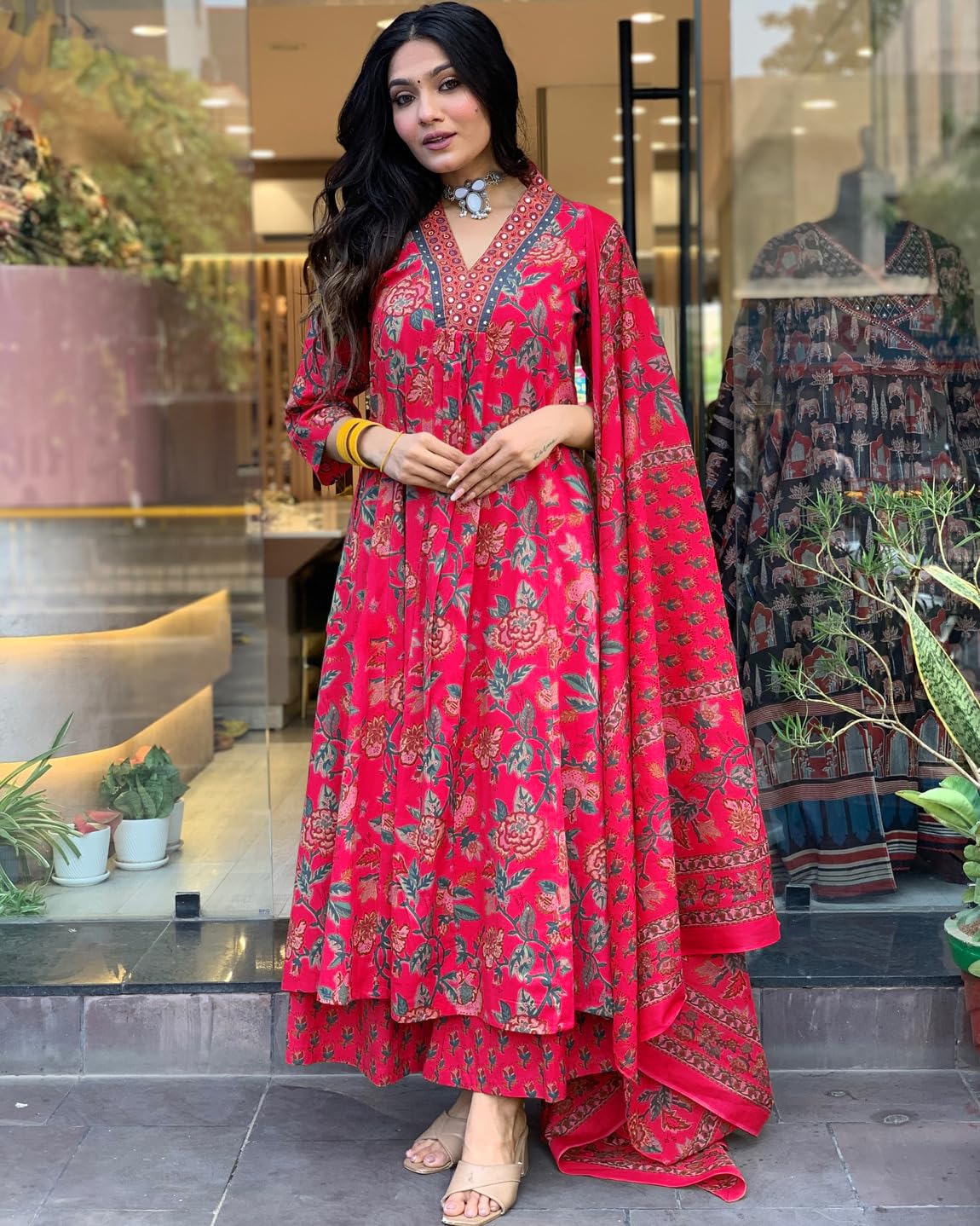 Rayon Viscose Anarkali Suit Set with Palazzo & Dupatta (CIA Yellow-GS_XL_Yellow_X-Large)