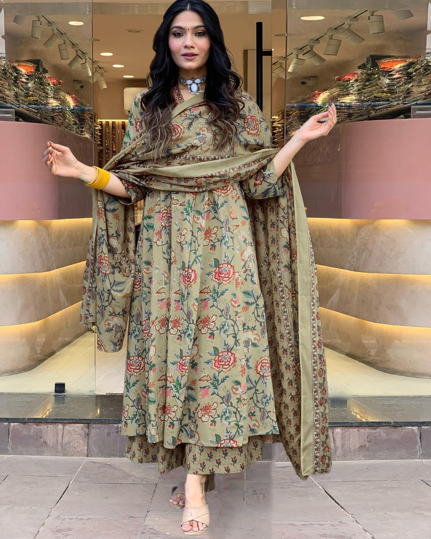 Rayon Viscose Anarkali Suit Set with Palazzo & Dupatta (CIA Yellow-GS_XL_Yellow_X-Large)