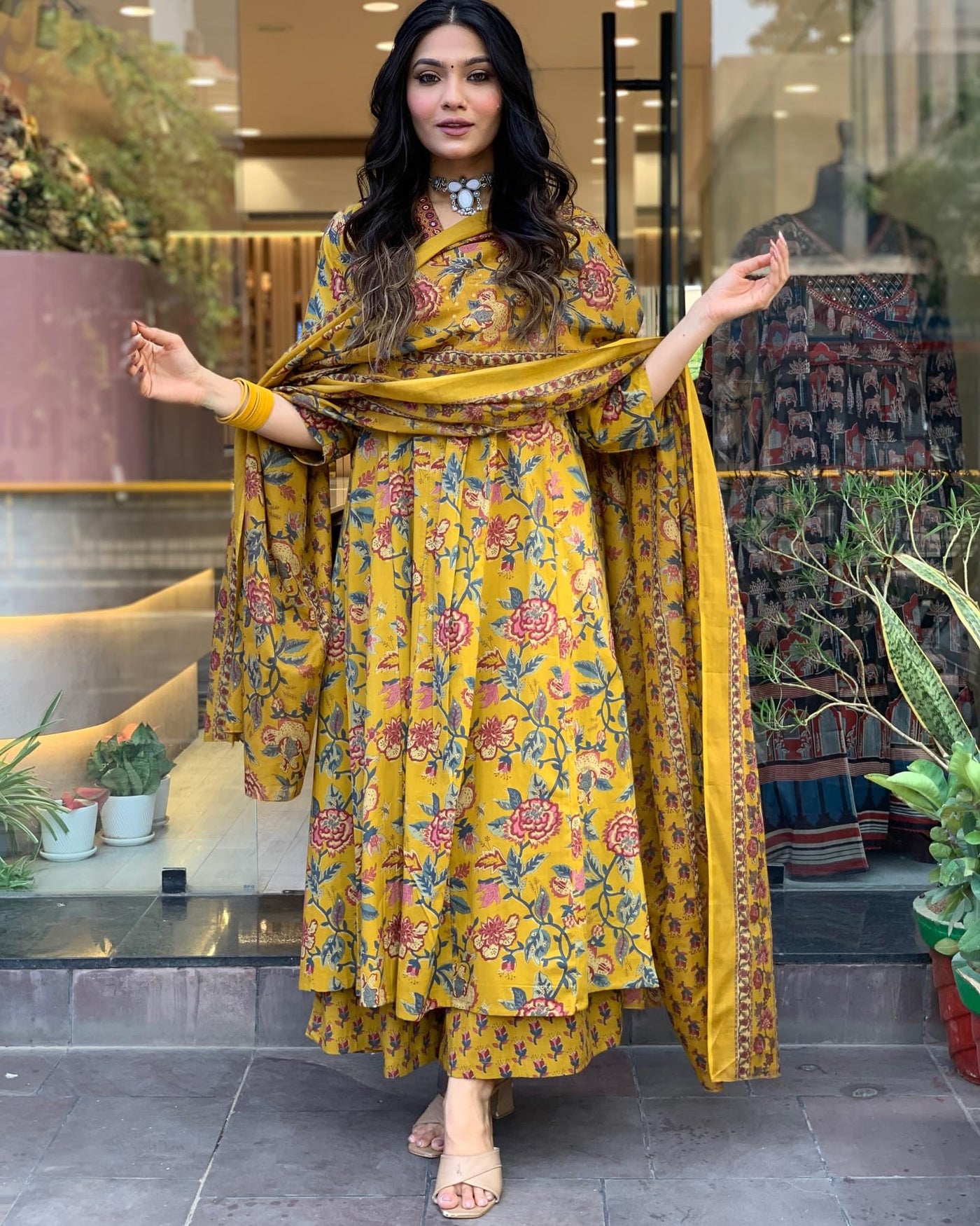Rayon Viscose Anarkali Suit Set with Palazzo & Dupatta (CIA Yellow-GS_XL_Yellow_X-Large)