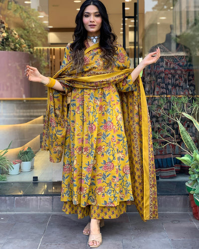 Rayon Viscose Anarkali Suit Set with Palazzo & Dupatta (CIA Yellow-GS_XL_Yellow_X-Large)