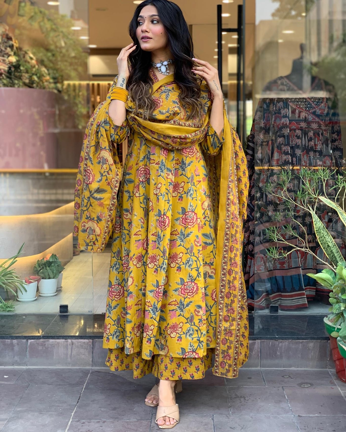 Rayon Viscose Anarkali Suit Set with Palazzo & Dupatta (CIA Yellow-GS_XL_Yellow_X-Large)