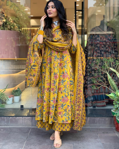 Rayon Viscose Anarkali Suit Set with Palazzo & Dupatta (CIA Yellow-GS_XL_Yellow_X-Large)