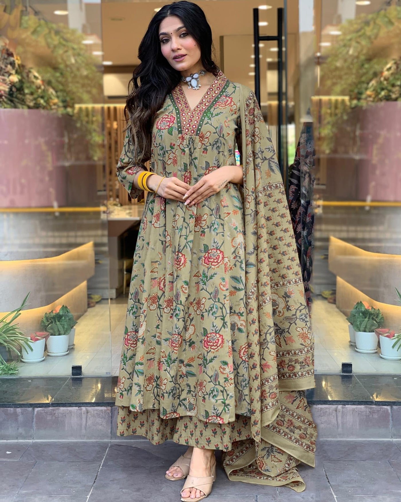 Rayon Viscose Anarkali Suit Set with Palazzo & Dupatta (CIA Yellow-GS_XL_Yellow_X-Large)