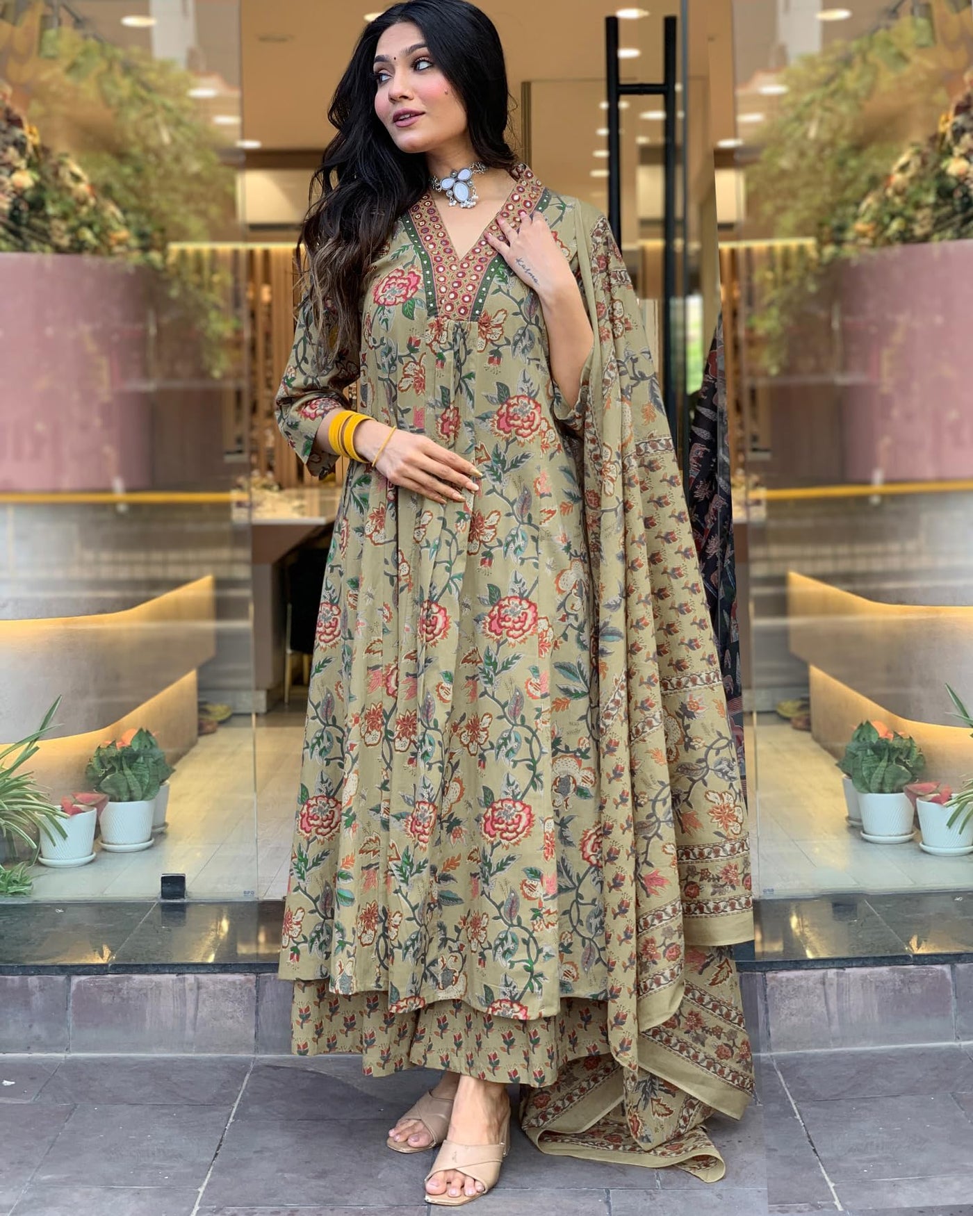 Rayon Viscose Anarkali Suit Set with Palazzo & Dupatta (CIA Yellow-GS_XL_Yellow_X-Large)
