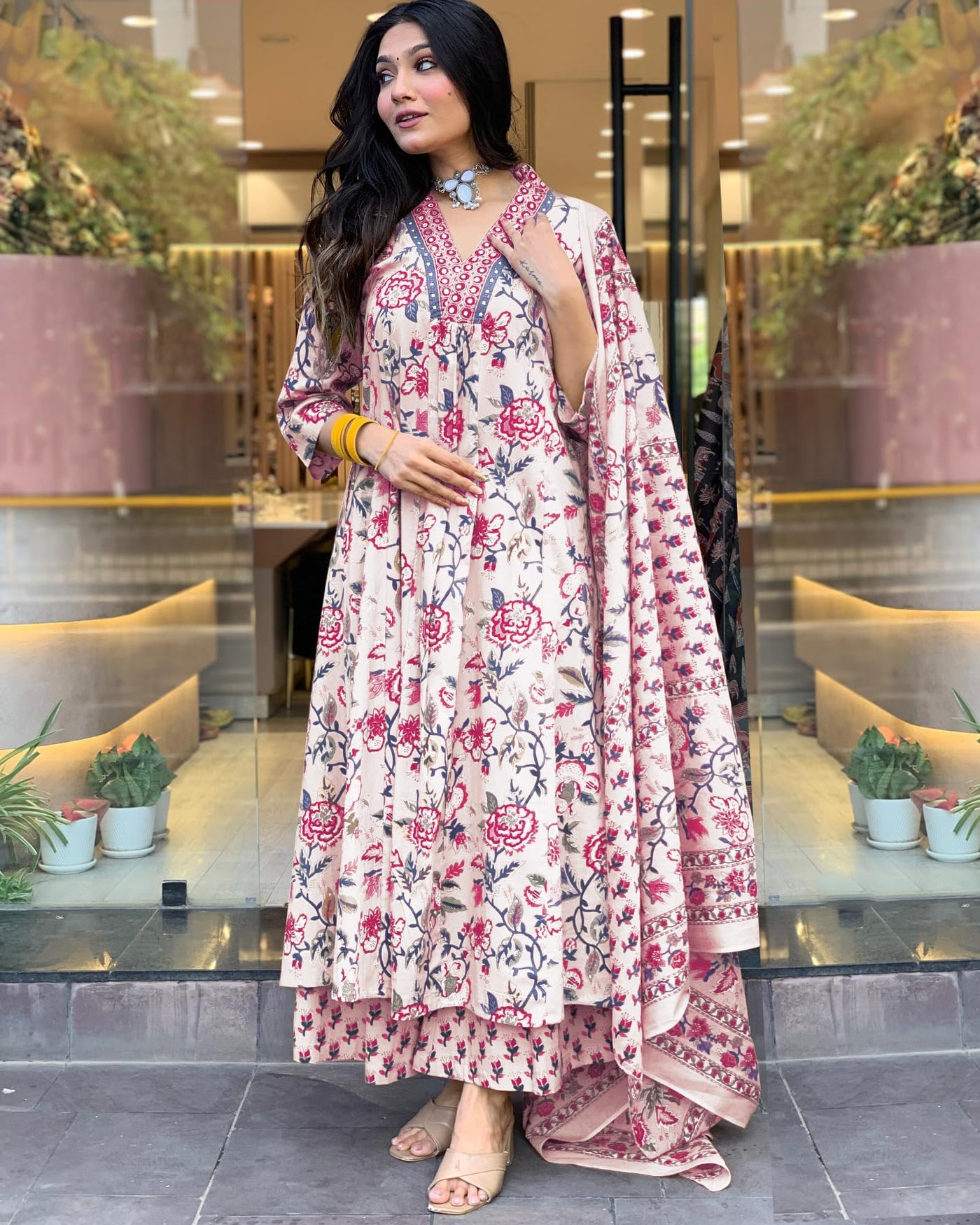 Rayon Viscose Anarkali Suit Set with Palazzo & Dupatta (CIA Yellow-GS_XL_Yellow_X-Large)